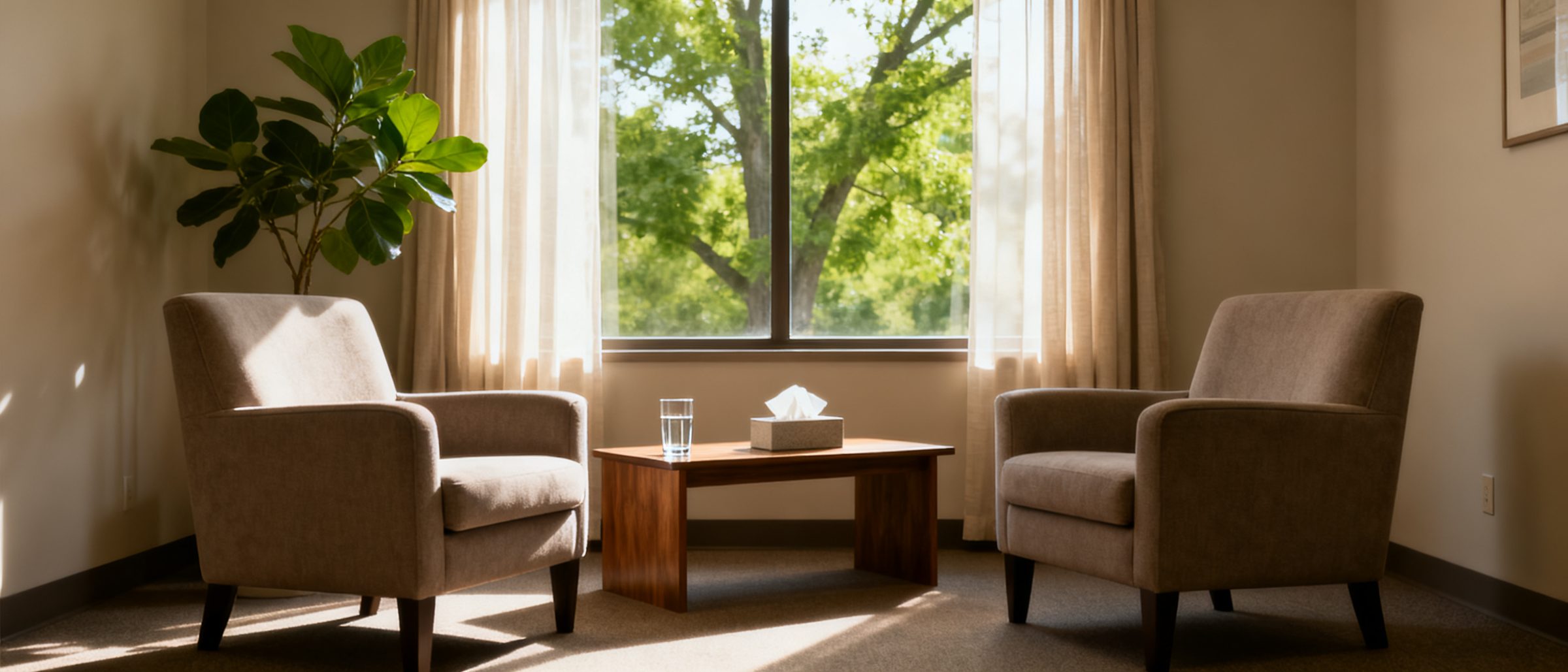 A calm, sunlit room with two armchairs facing each other by a window